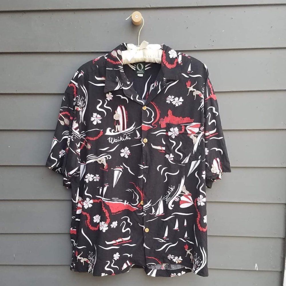 Vintage Oue Surf Shirt - Wai Kiki - Red and Black - Size Large - EUf